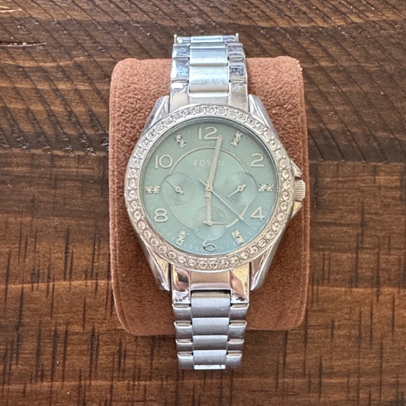 Fossil Accessories - Fossil Silver Watch with Light Blue Face and Crystal Bezel